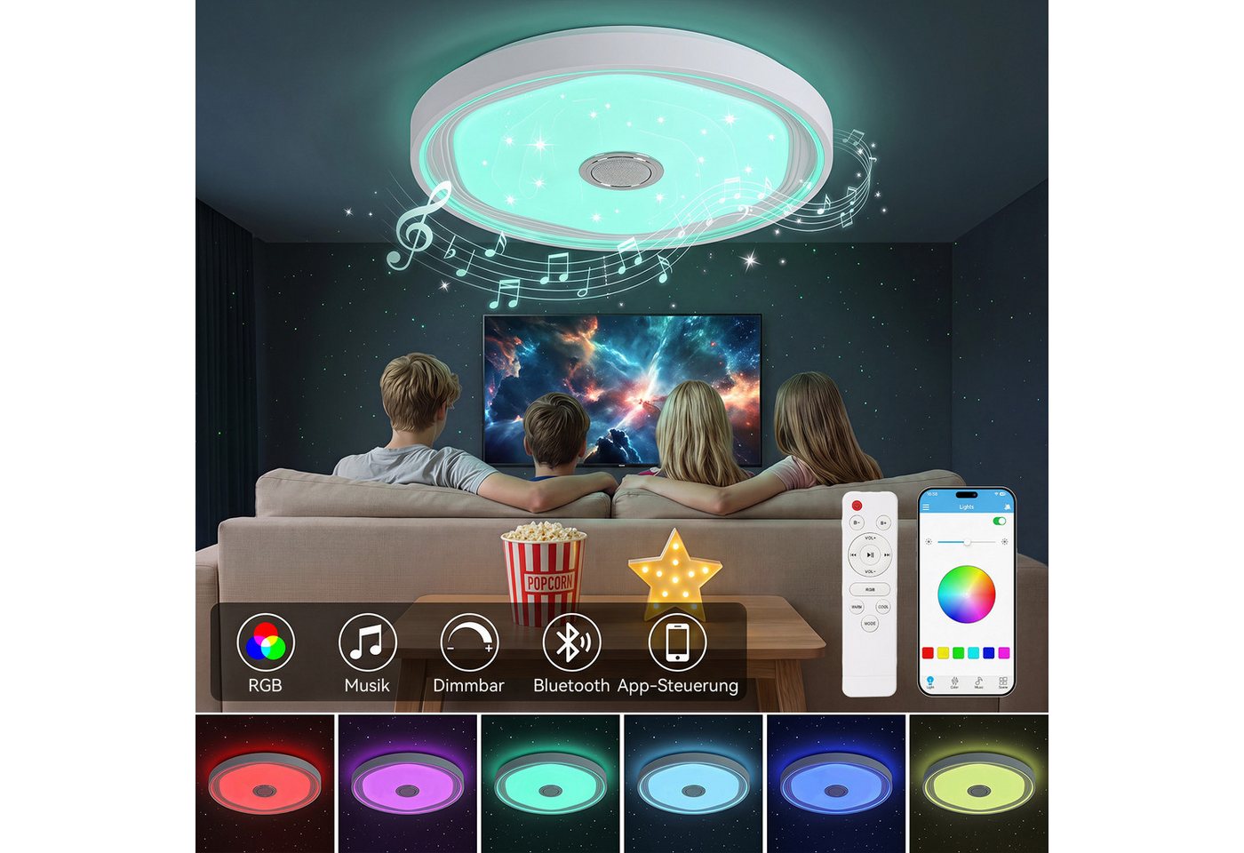 oyajia Deckenleuchte Smart LED Deckenlampe mit Bluetooth Lautsprecher, 50cm Wohnzimmerlampe, LED fest integriert, Kaltweiß+Naturweiß+Warmweiß+RGB, 48W RGB Decke – Bild 3 von 5