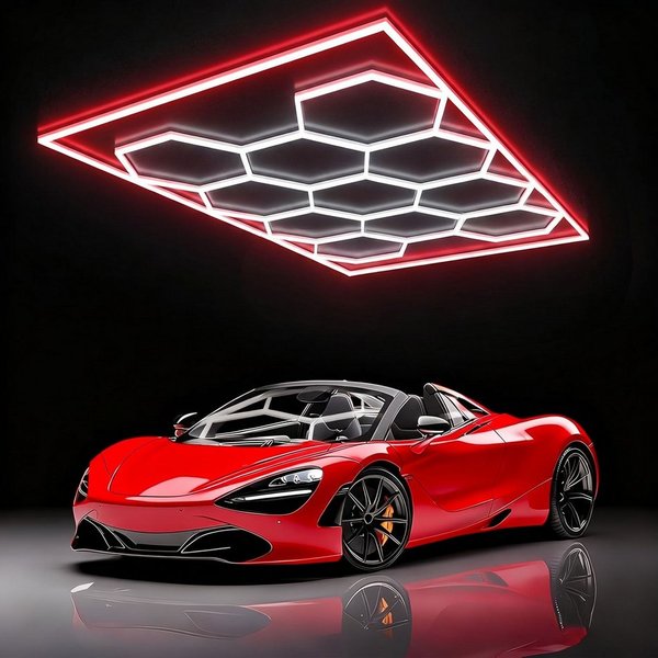 oyajia Deckenleuchten 11 Packs Hexagon mit Rot Rand, LED Deckenleuchte Garagenleuchte 500W, LED fest integriert, Kaltweiß, LED Garage Light für Garage, Studio, 