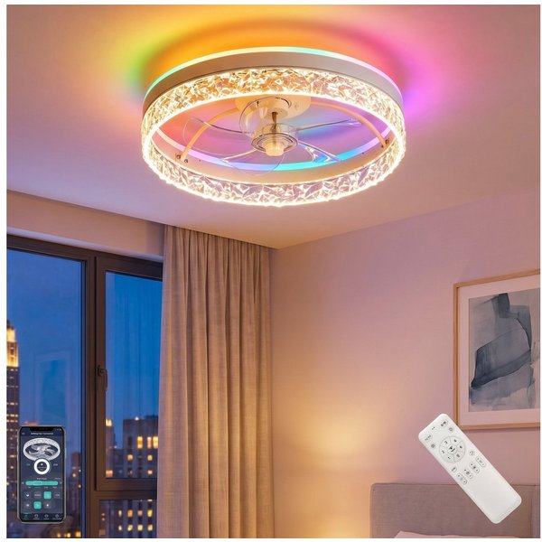 oyajia Deckenventilator 68W Leise Deckenventilator,Kristall Deckenleuchte RGB Farbwechsel 50cm, APP Dimmbar 6 Geschwindigkeiten, Mit Fernbedienung für Schlafzim