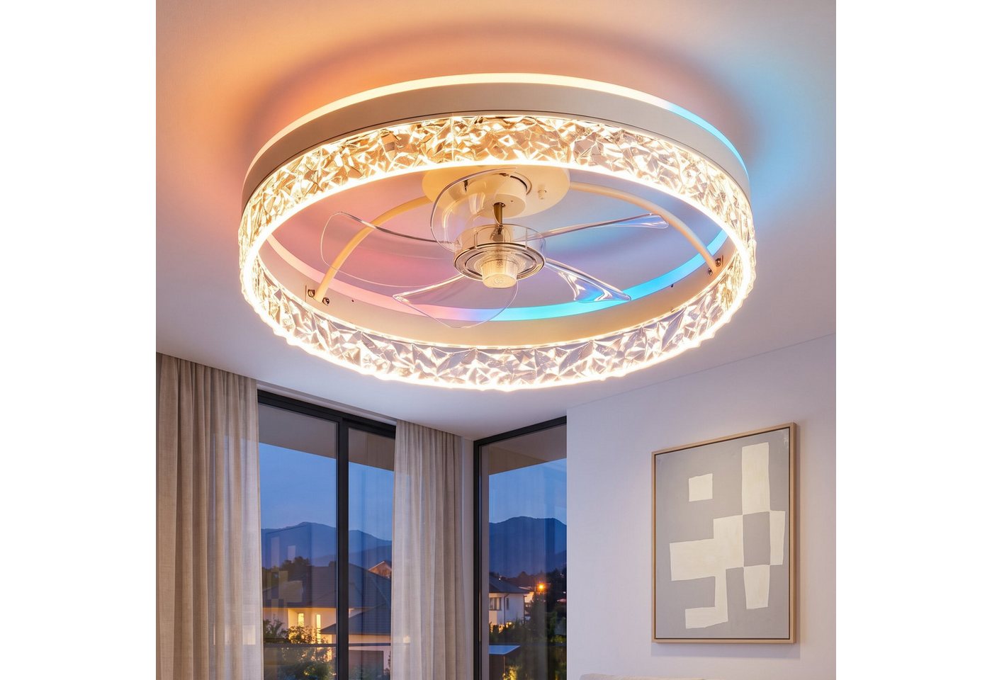 oyajia Deckenventilator 68W Leise Deckenventilator,Kristall Deckenleuchte RGB Farbwechsel 50cm, APP Dimmbar 6 Geschwindigkeiten, Mit Fernbedienung für Schlafzim – Bild 2 von 5