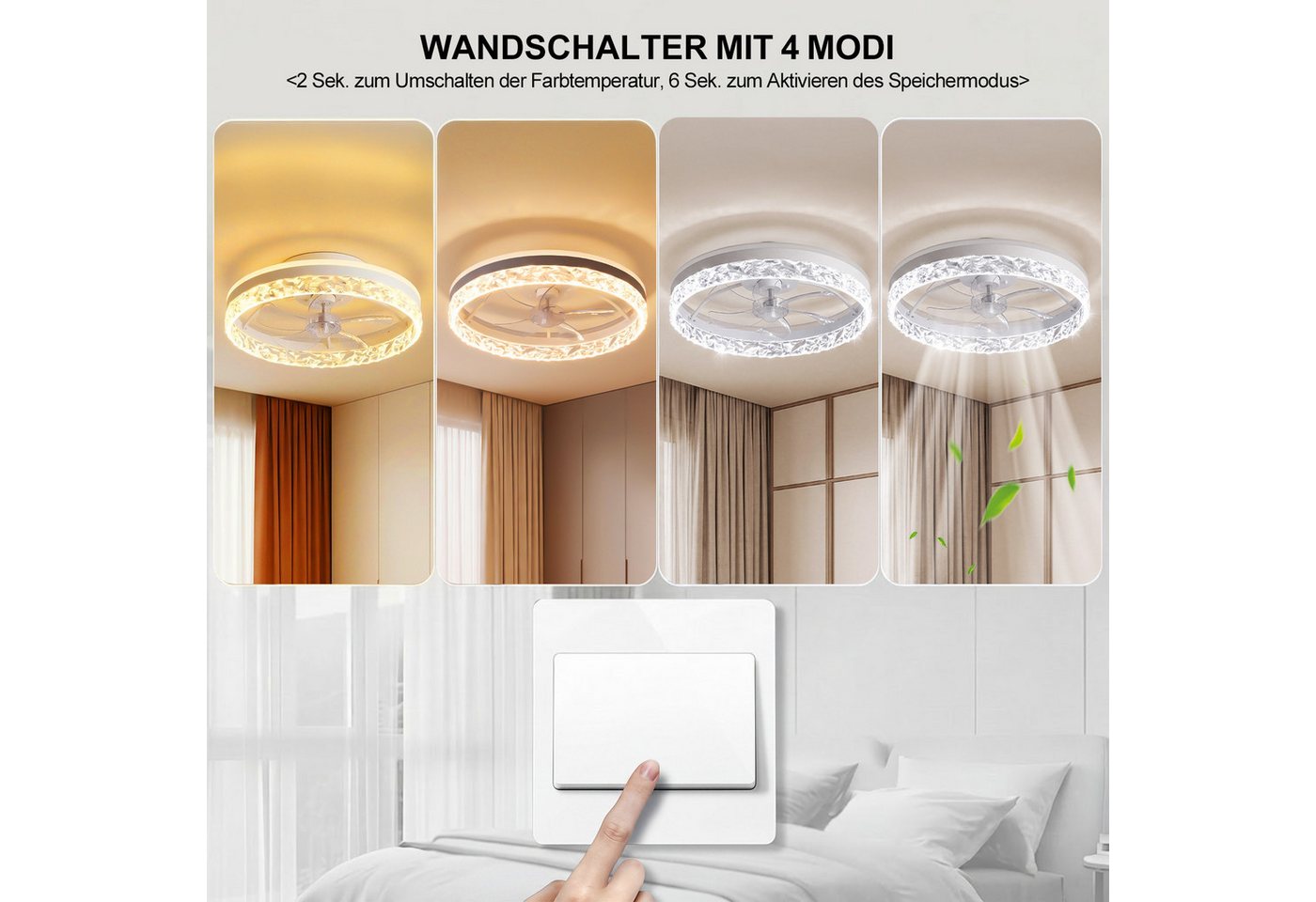 oyajia Deckenventilator 68W Leise Deckenventilator,Kristall Deckenleuchte RGB Farbwechsel 50cm, APP Dimmbar 6 Geschwindigkeiten, Mit Fernbedienung für Schlafzim – Bild 3 von 5