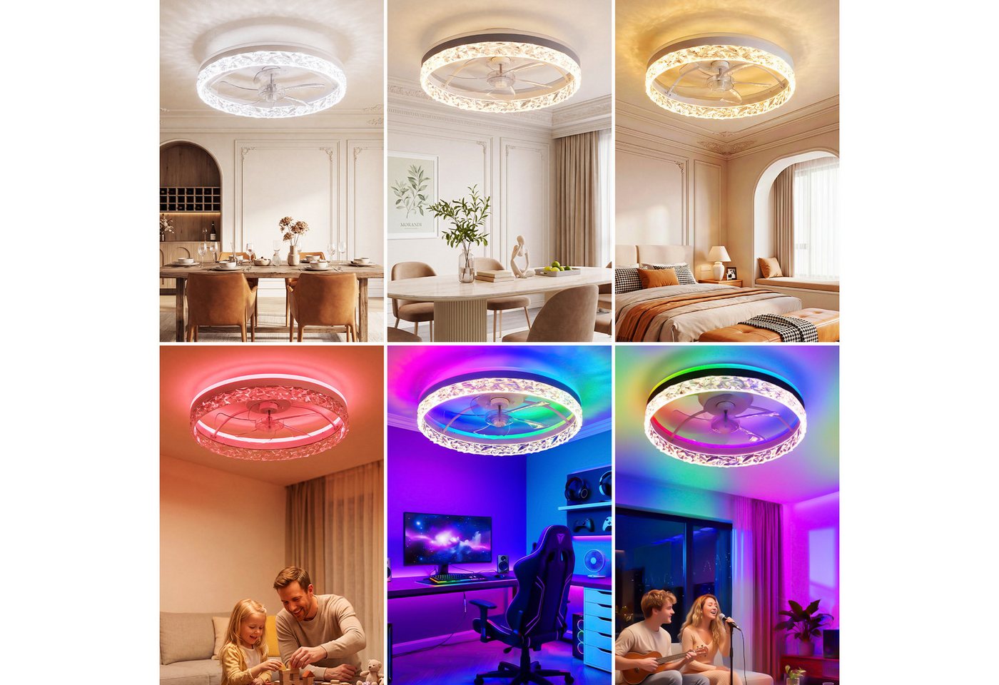 oyajia Deckenventilator 68W Leise Deckenventilator,Kristall Deckenleuchte RGB Farbwechsel 50cm, APP Dimmbar 6 Geschwindigkeiten, Mit Fernbedienung für Schlafzim – Bild 4 von 5