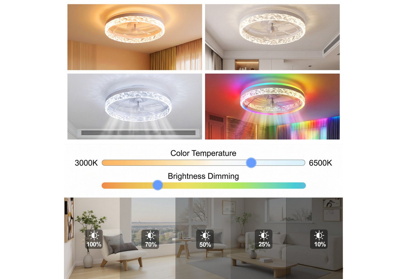 oyajia Deckenventilator 68W Leise Deckenventilator,Kristall Deckenleuchte RGB Farbwechsel 50cm, APP Dimmbar 6 Geschwindigkeiten, Mit Fernbedienung für Schlafzim – Bild 5 von 5