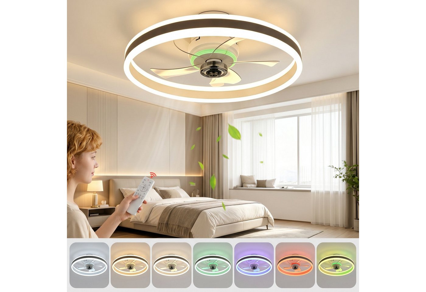 oyajia Deckenventilator RGB Deckenventilator mit Licht und Fernbedienung, 6 Geschwindigkeiten, 82W Leise Deckenlampe mit Ventilator, Dimmbare Timer Lichtspeiche – Bild 2 von 5