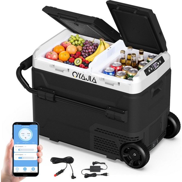 oyajia Elektrische Kühlbox Kompressor Kühlbox mit APP-Steuerung USB-Anschluss,Doppeltür Dualzonen, 55 l, Auto Kühlbox mit Rollen & Griff 12V/24V 100-240V Campin
