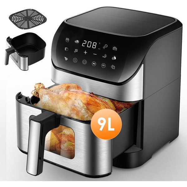 oyajia Heißluftfritteuse 10L Heißluftfritteuse aus Edelstahl, 2 Heizelementen, 12 Automatikprogramme, Sichtfenster, Touch Bedienfeld, LED Anzeige, 1800 W, Tempe