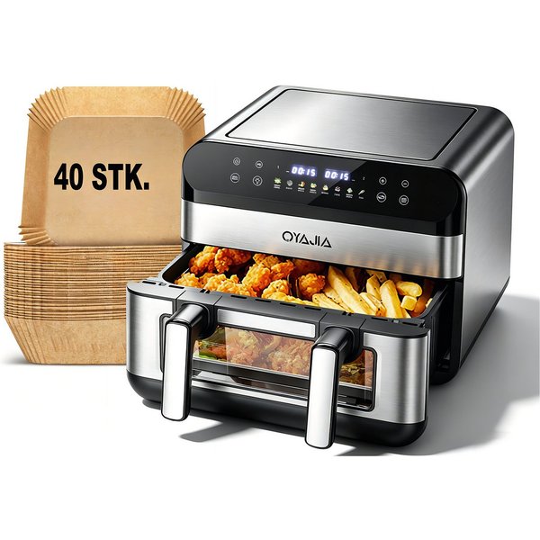 oyajia Heißluftfritteuse Heißluftfritteuse 11L 2 Kammern mit 40 Backpapier – 2800W Airfryer, 8-in-1 Air Fryer mit Sichtfenster und Innenlicht, Einzel oder Doppe