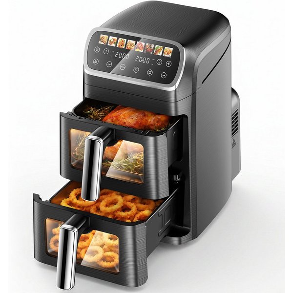 oyajia Heißluftfritteuse Heißluftfritteuse 2 Kammern, Airfryer 9L mit 8 voreingestellte Programme, LED Touch Farbdisplay, Sichtfenster, Unabhängige Temperaturre