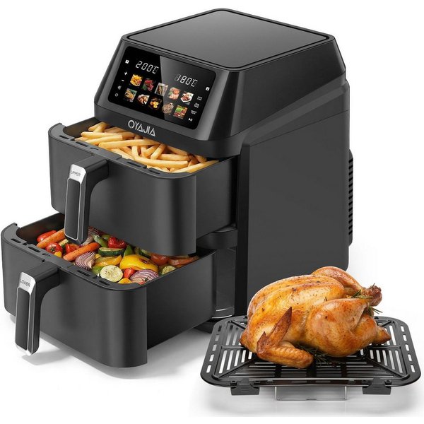 oyajia Heißluftfritteuse Airfryer XXL Dual Zone, 2 vertikale Schubladen, 10 Kochfunktionen, 2600,00 W, Heißluftfritteuse, 32% platzsparender, Sync und Match-Fun