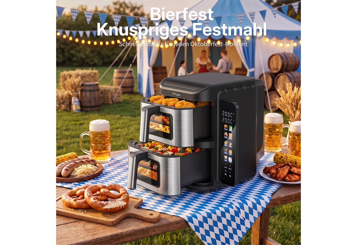 oyajia Heißluftfritteuse Heißluftfritteuse Doppelkammer, 11 Liter DUAL ZONE, Sichtfenster, mit Beleuchtung, 4 Kochstufen, 2 Körben, 2 Rosten, platzsparendes Des – Bild 2 von 5