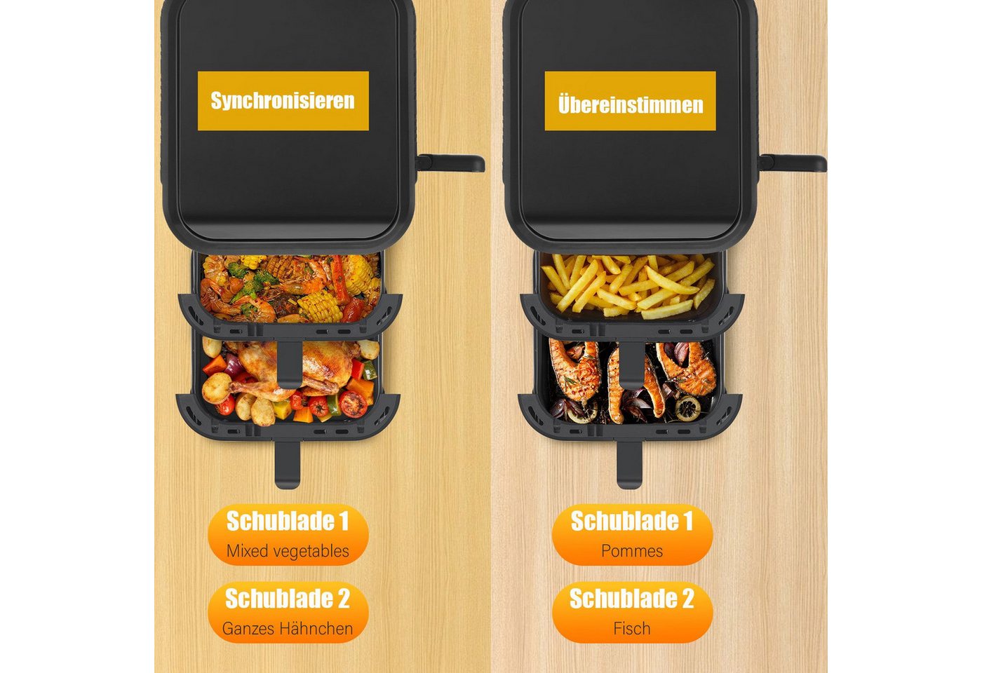 oyajia Heißluftfritteuse Heißluftfritteuse Doppelkammer, 11 Liter DUAL ZONE, Sichtfenster, mit Beleuchtung, 4 Kochstufen, 2 Körben, 2 Rosten, platzsparendes Des – Bild 5 von 5