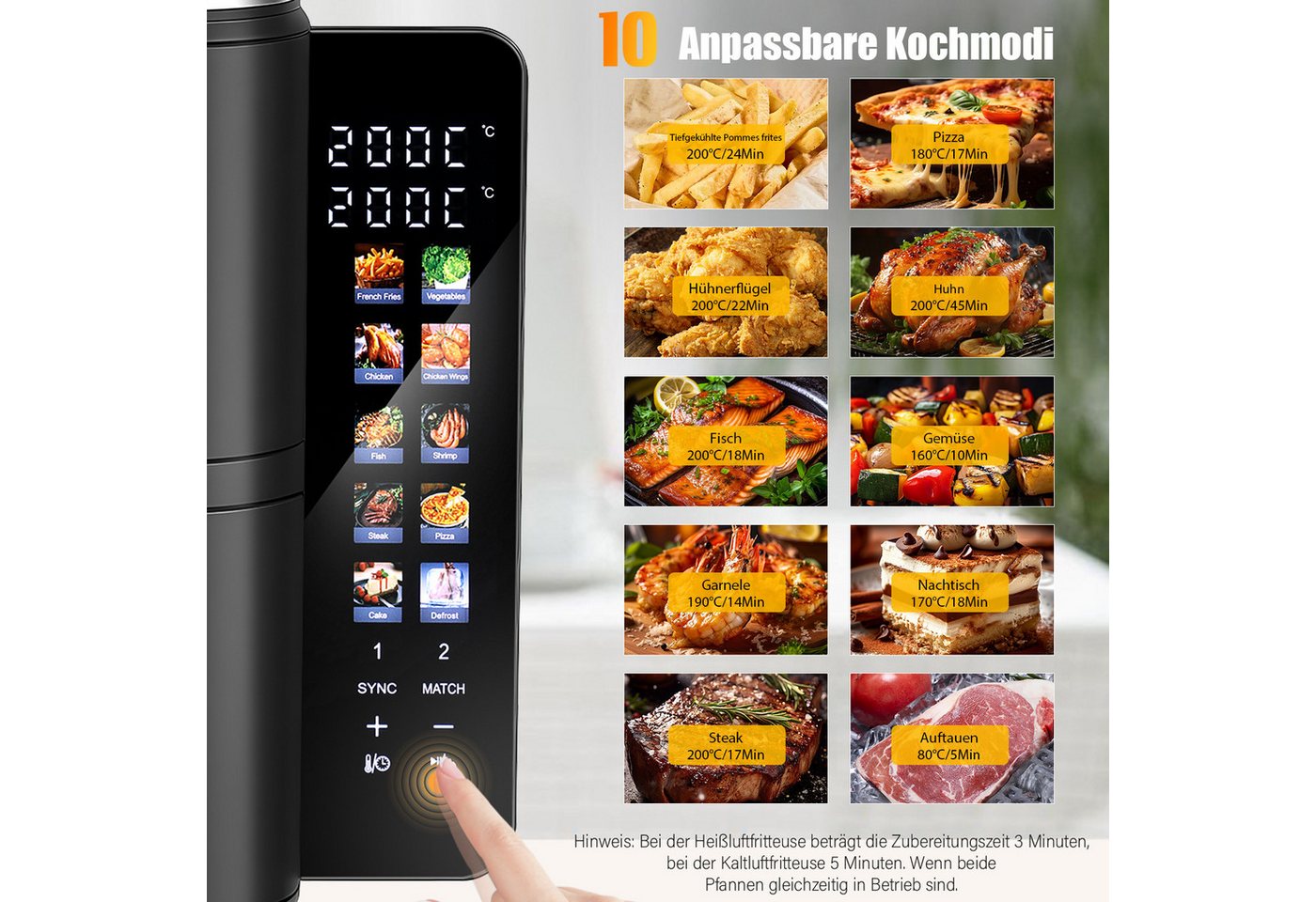 oyajia Heißluftfritteuse Heißluftfritteuse Doppelkammer, 11 Liter DUAL ZONE, Sichtfenster, mit Beleuchtung, 4 Kochstufen, 2 Körben, 2 Rosten, platzsparendes Des – Bild 2 von 5