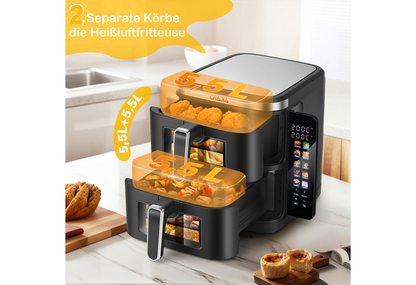 oyajia Heißluftfritteuse Heißluftfritteuse Doppelkammer, 11 Liter DUAL ZONE, Sichtfenster, mit Beleuchtung, 4 Kochstufen, 2 Körben, 2 Rosten, platzsparendes Des – Bild 4 von 5