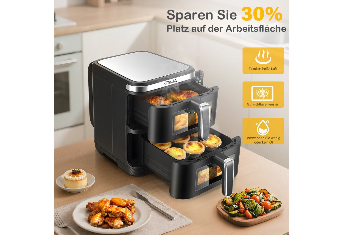 oyajia Heißluftfritteuse Heißluftfritteuse Doppelkammer, 11 Liter DUAL ZONE, Sichtfenster, mit Beleuchtung, 4 Kochstufen, 2 Körben, 2 Rosten, platzsparendes Des – Bild 5 von 5