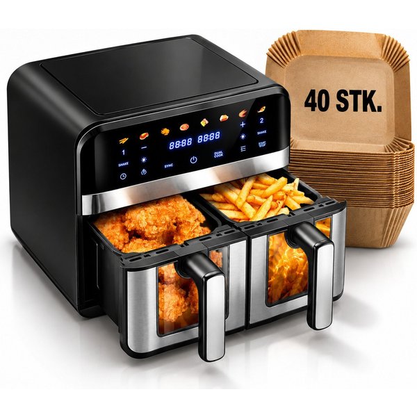 oyajia Heißluftfritteuse Heißluftfritteuse Dual Zone Heißluftfritteuse XXL, 10 Programme, Air fryer 11,2 L, Ohne Öl Frituese, Temperaturregelung für das Luftbra