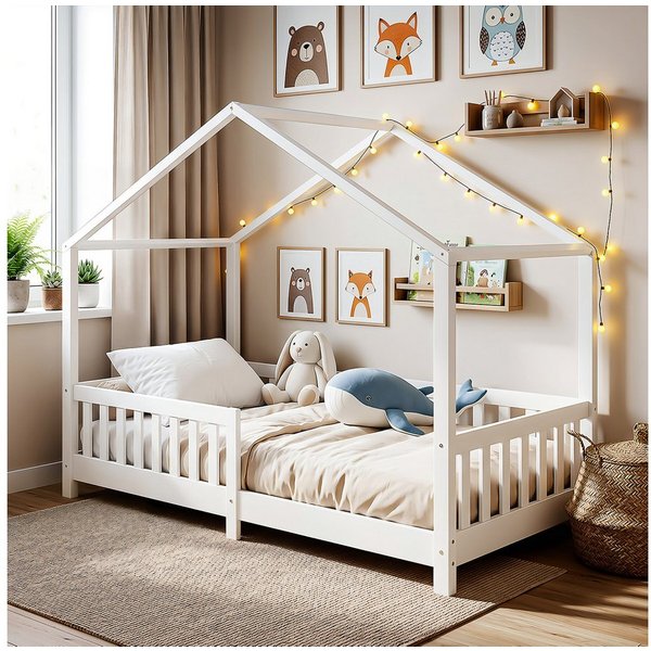 oyajia Kinderbett 90x200 cm Bodenbett Rausfallschutz abnehmbar bis 200 kg belastbar (Montessori Kinder- & Jugendbett aus Kiefer Massivholz), Bodenbett Hausbett 