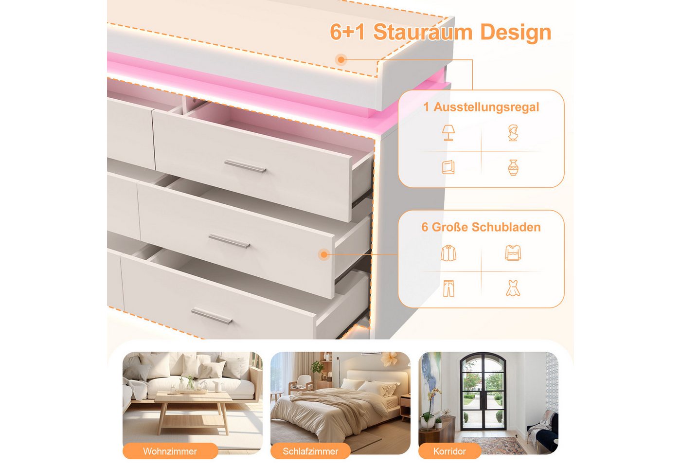 oyajia Kommode Sideboard mit 6 Schubladen und LED-Beleuchtung, Schrank für Wohnzimmer und Schlafzimmer Weiß – Bild 3 von 5