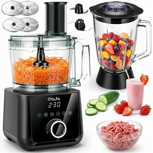 oyajia Küchenmaschine Mixer Kombination, 2,5L Zerkleinerer für Fleisch, Gemüse und Teig, 2L Standmixer mit Glasbehälter, 11 Geschwindigkeitsstufen&Pulsfunktion 