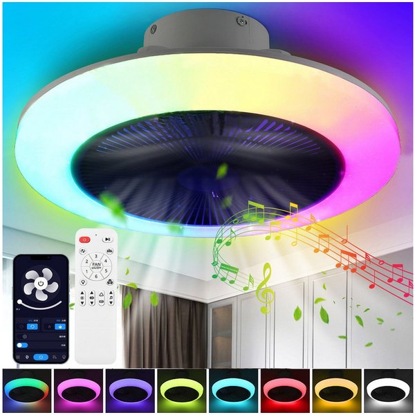 oyajia LED Deckenleuchte 50W Deckenleuchte RGB Farbwechsel, Leise Deckenventilator Dimmbare, mit Lautsprecher, LED fest integriert, Warmweiß, Naturweiß, Kaltwei