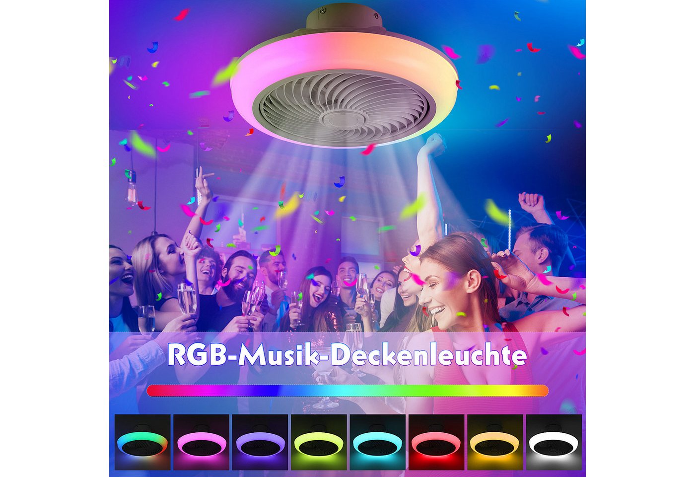 oyajia LED Deckenleuchte 50W Deckenleuchte RGB Farbwechsel, Leise Deckenventilator Dimmbare, mit Lautsprecher, LED fest integriert, Warmweiß, Naturweiß, Kaltwei – Bild 3 von 5