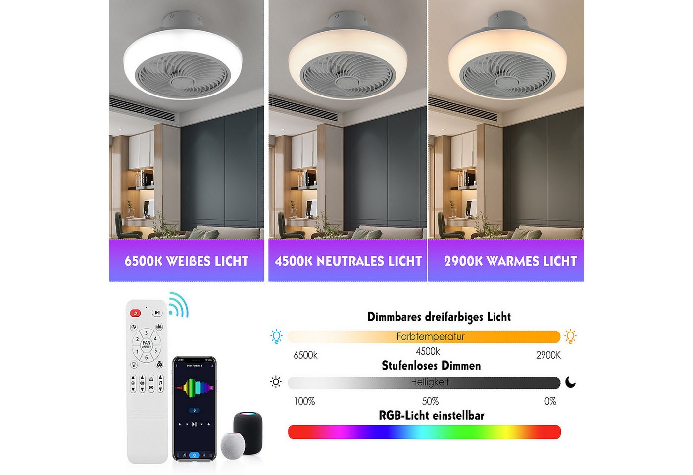 oyajia LED Deckenleuchte 50W Deckenleuchte RGB Farbwechsel, Leise Deckenventilator Dimmbare, mit Lautsprecher, LED fest integriert, Warmweiß, Naturweiß, Kaltwei – Bild 4 von 5