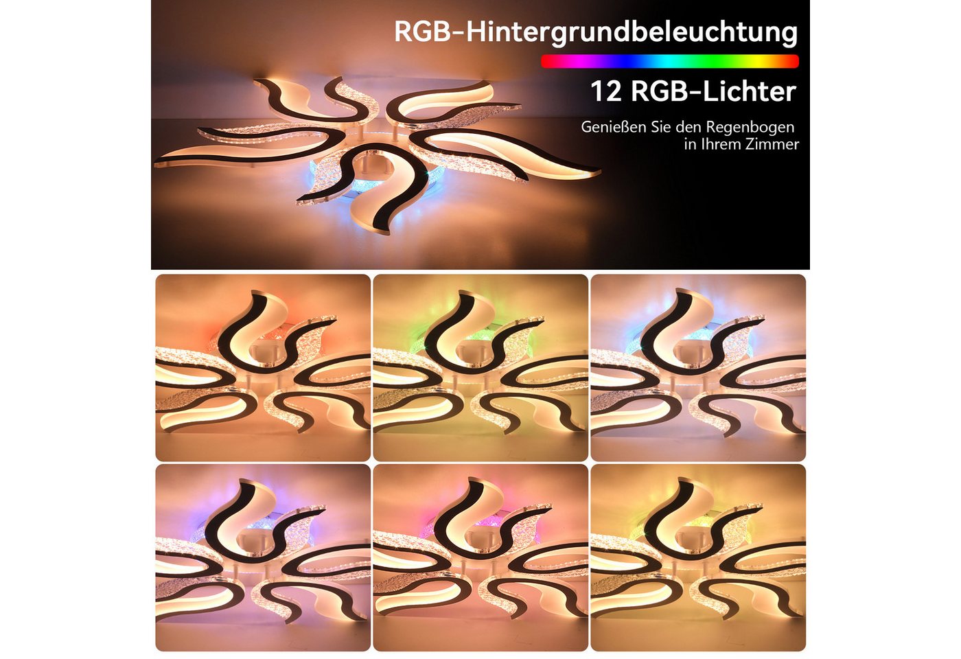 oyajia LED Deckenleuchte 54W Deckenleuchte mit RGB Farbwechsel Lamp, Dimmbar mit Fernbedienung, LED fest integriert, Kaltweiß/Naturweiß/Warmweiß+RGB Hintergrund – Bild 3 von 5