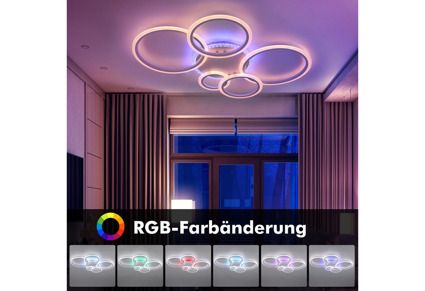 oyajia LED Deckenleuchte 80W deckenlampe dimmbar, RGB Farbwechsel Lamp mit Fernbedienung, RGB-Hintergrundbeleuchtung, LED fest integriert, RGB, modern Blumenfor – Bild 3 von 5