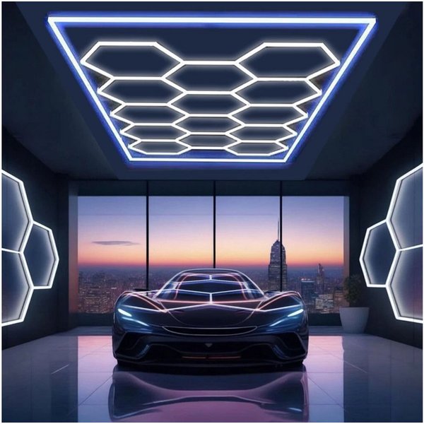 oyajia LED Dekolicht 14er-Pack Hexagon LED Garagenleuchte, Rahmen/Blau, LED Garage Light, Kaltweiß+Blau, DIY LED Dekolicht für Garage Studio Friseursalons Auto-