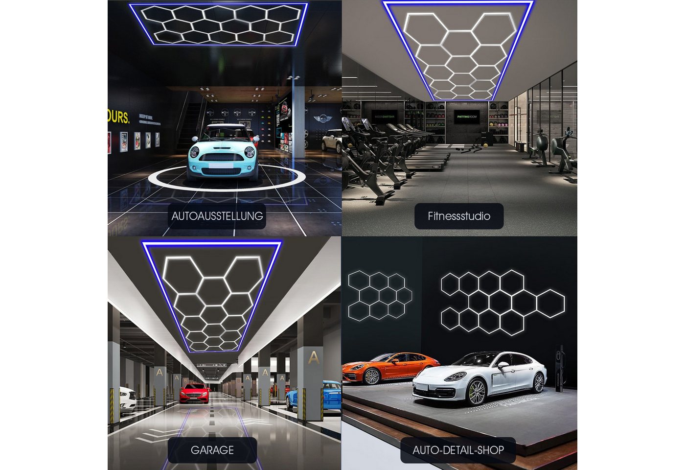 oyajia LED Dekolicht 14er-Pack Hexagon LED Garagenleuchte, Rahmen/Blau, LED Garage Light, Kaltweiß+Blau, DIY LED Dekolicht für Garage Studio Friseursalons Auto- – Bild 3 von 5