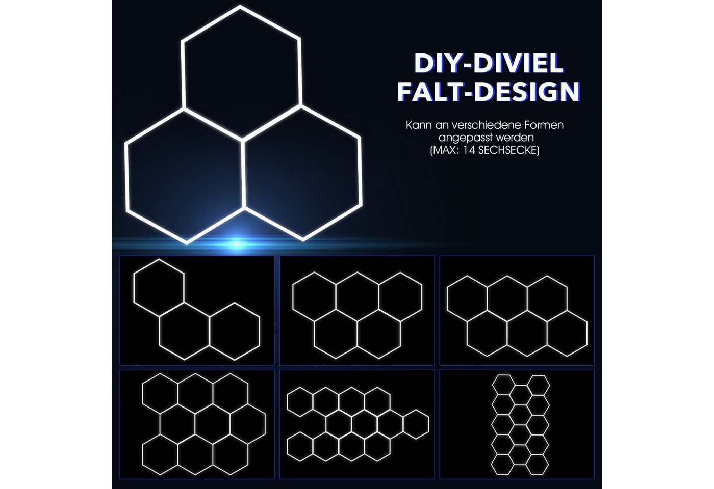 oyajia LED Dekolicht 14er-Pack Hexagon LED Garagenleuchte, Rahmen/Blau, LED Garage Light, Kaltweiß+Blau, DIY LED Dekolicht für Garage Studio Friseursalons Auto- – Bild 4 von 5