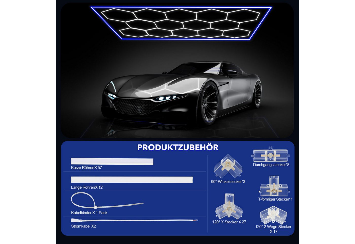 oyajia LED Dekolicht 14er-Pack Hexagon LED Garagenleuchte, Rahmen/Blau, LED Garage Light, Kaltweiß+Blau, DIY LED Dekolicht für Garage Studio Friseursalons Auto- – Bild 5 von 5