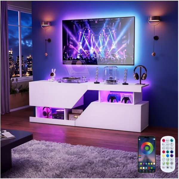 oyajia Lowboard TV-Schrank, Fernsehschrank mit RGB-LED und Stauraum (für Fernseher bis 65 Zoll), TV-Schrank mit Mit 2 Türen, Regalen und viel Stauraum, 140x35x4