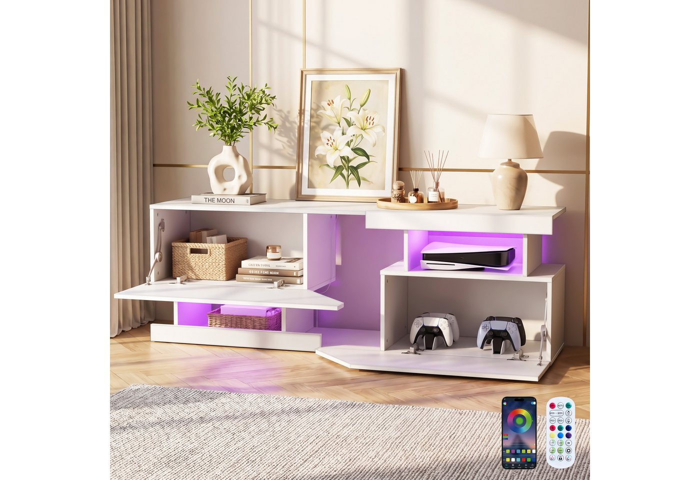 oyajia Lowboard TV-Schrank, Fernsehschrank mit RGB-LED und Stauraum (für Fernseher bis 65 Zoll), TV-Schrank mit Mit 2 Türen, Regalen und viel Stauraum, 140x35x4 – Bild 2 von 5