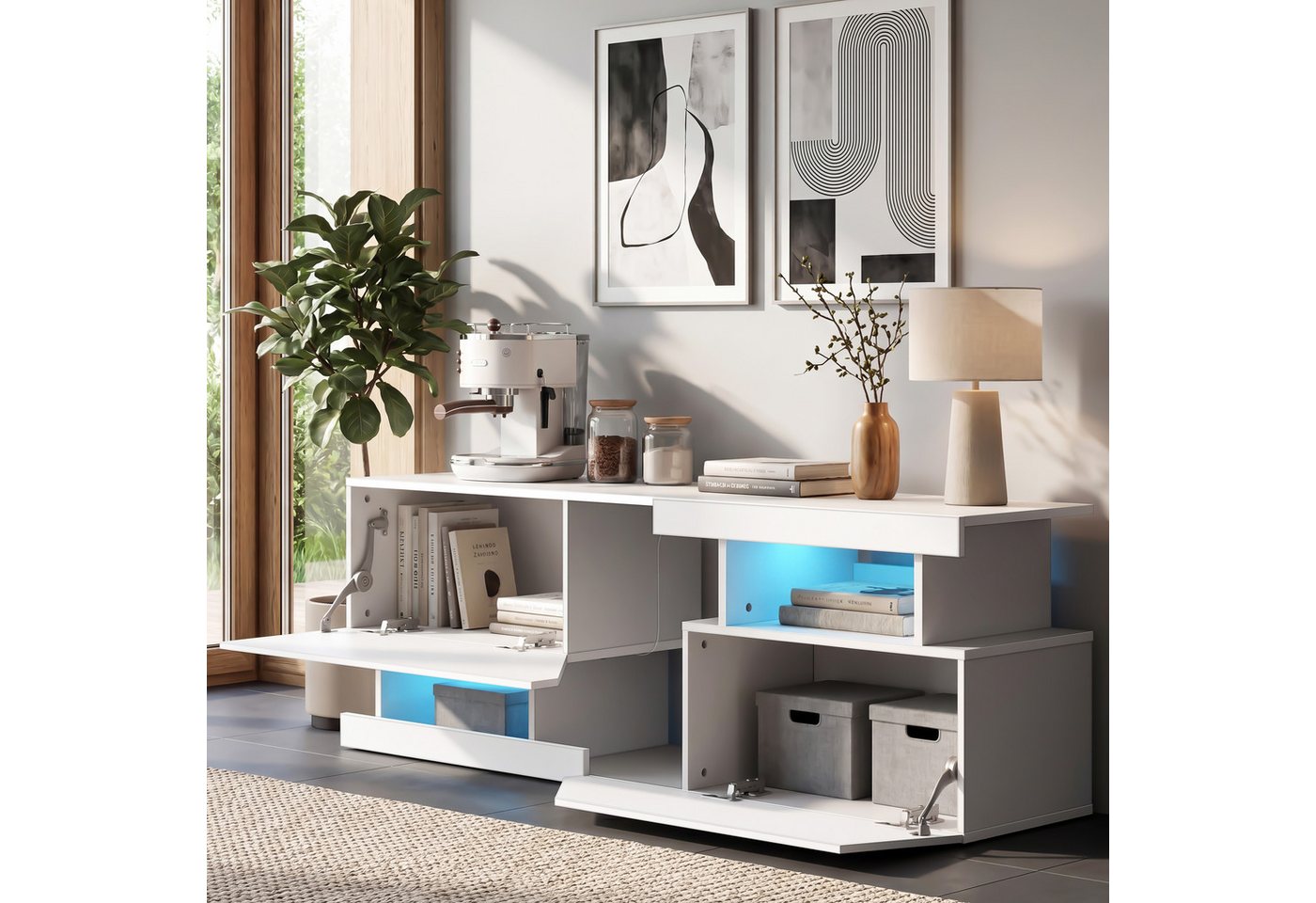 oyajia Lowboard TV-Schrank, Fernsehschrank mit RGB-LED und Stauraum (für Fernseher bis 65 Zoll), TV-Schrank mit Mit 2 Türen, Regalen und viel Stauraum, 140x35x4 – Bild 4 von 5