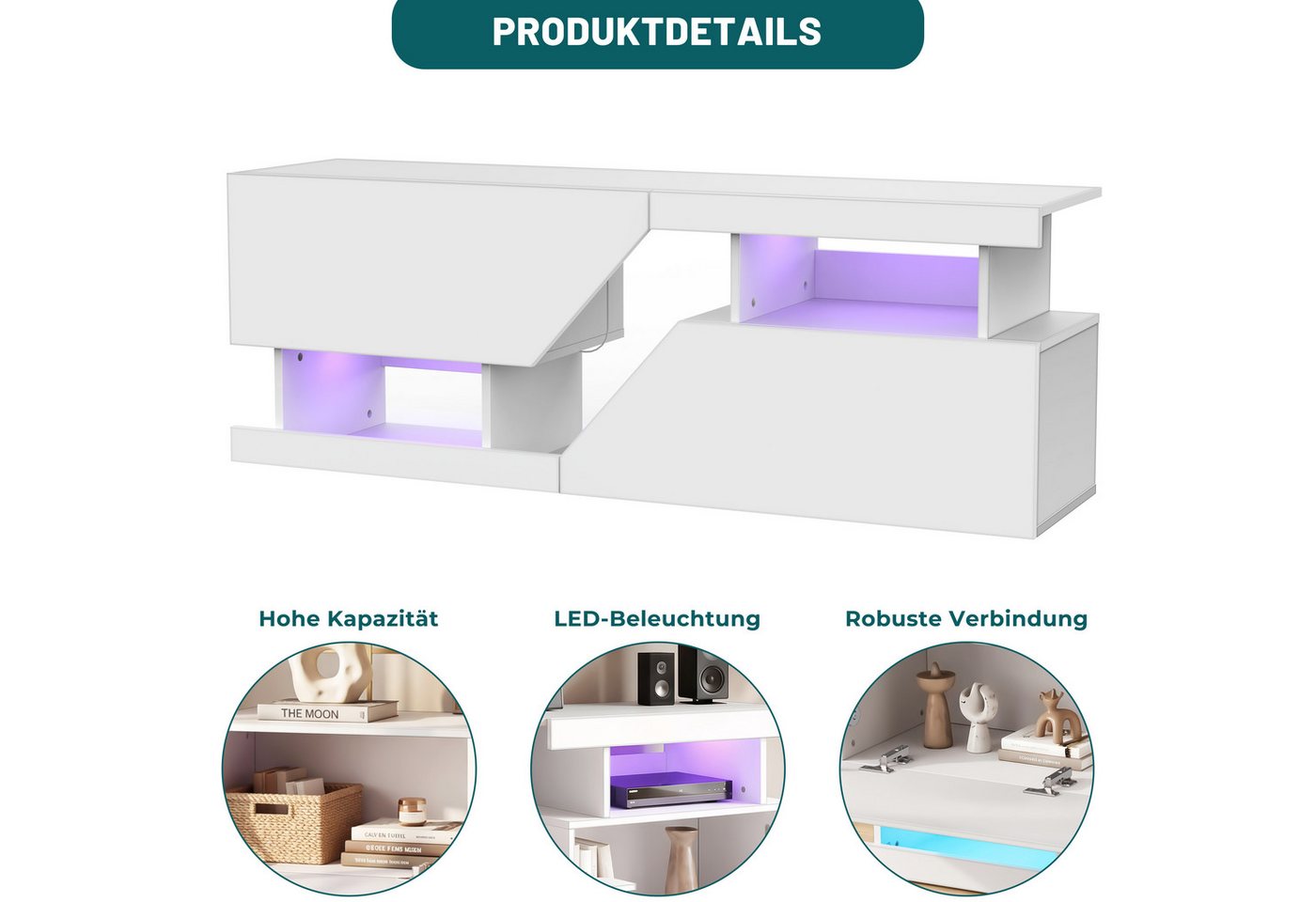 oyajia Lowboard TV-Schrank, Fernsehschrank mit RGB-LED und Stauraum (für Fernseher bis 65 Zoll), TV-Schrank mit Mit 2 Türen, Regalen und viel Stauraum, 140x35x4 – Bild 5 von 5