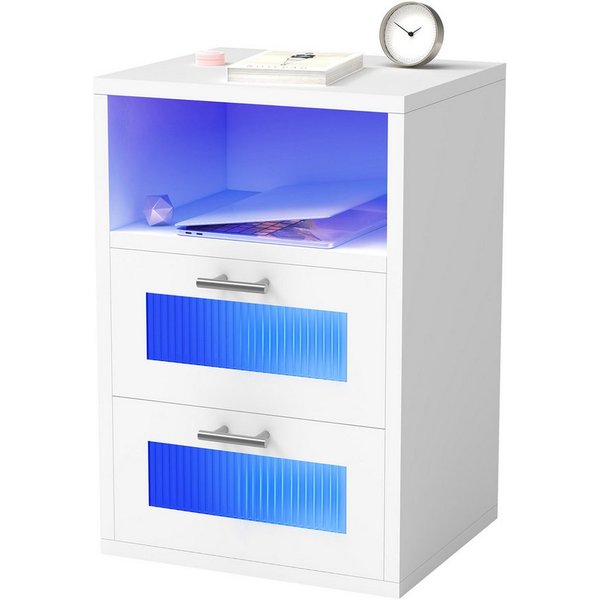 oyajia Nachttisch mit 2/3 Schubladen, Beistelltisch mit Ladestation und LED, Mit USB und Typ-C Anschlüsse, offenes Fach