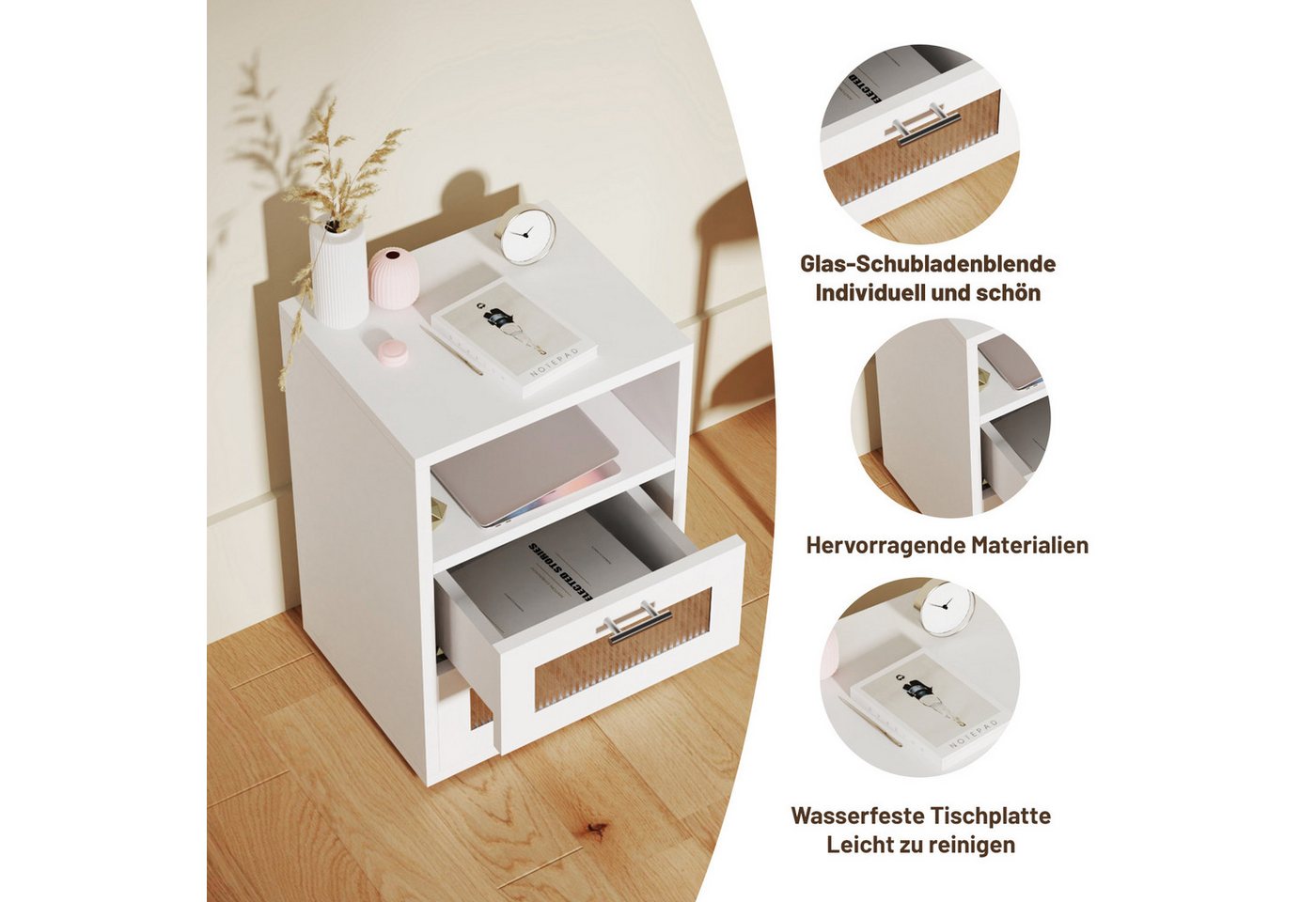 oyajia Nachttisch mit 2/3 Schubladen, Beistelltisch mit Ladestation und LED, Mit USB und Typ-C Anschlüsse, offenes Fach – Bild 3 von 5