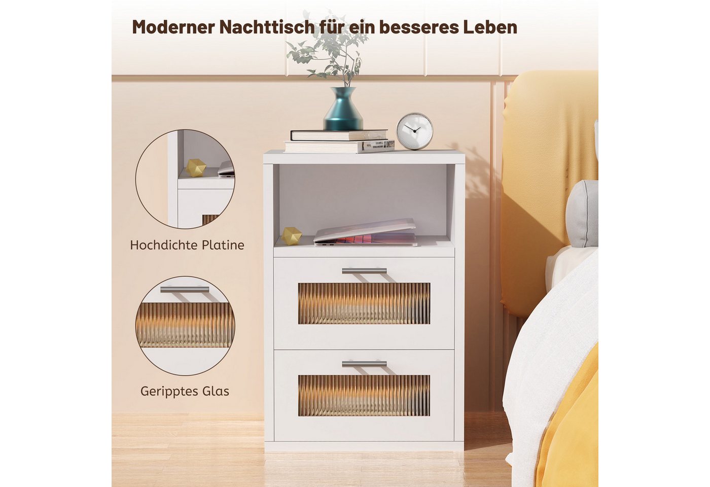 oyajia Nachttisch mit 2/3 Schubladen, Beistelltisch mit Ladestation und LED, Mit USB und Typ-C Anschlüsse, offenes Fach – Bild 5 von 5