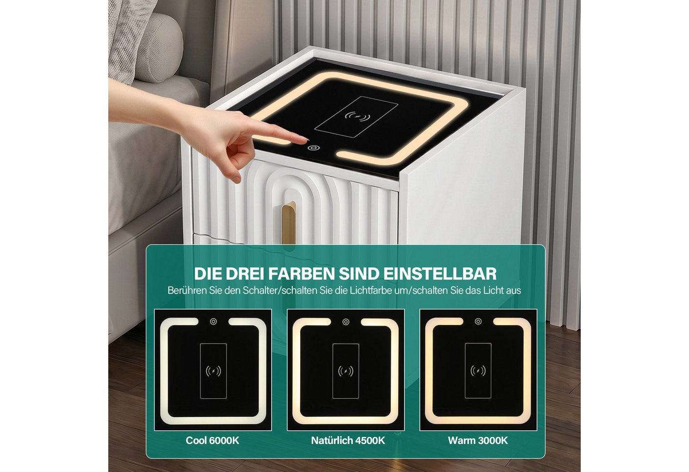 oyajia Nachttisch Nachttisch mit LED-Beleuchtung, Beistelltisch mit 15W Kabelloses Laden (Nachttisch mit USB + Type-C, Beistelltisch, 2/ 3 Schubladen, modern),  – Bild 2 von 5