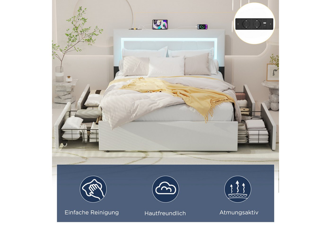 oyajia Polsterbett LED Doppelbett 140x200 cm, mit 4 Schubladen und Lattenrost (Kopfteil mit stauraum und USB-Ladefunktion, Polsterbett mit Metall Bettgestell, P – Bild 2 von 5