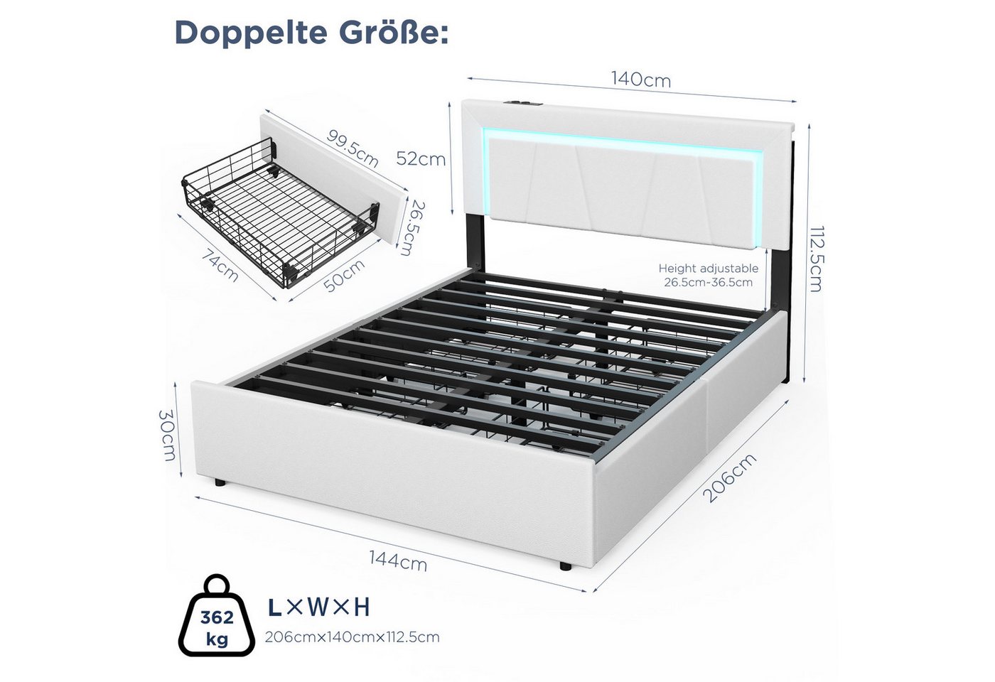 oyajia Polsterbett LED Doppelbett 140x200 cm, mit 4 Schubladen und Lattenrost (Kopfteil mit stauraum und USB-Ladefunktion, Polsterbett mit Metall Bettgestell, P – Bild 3 von 5