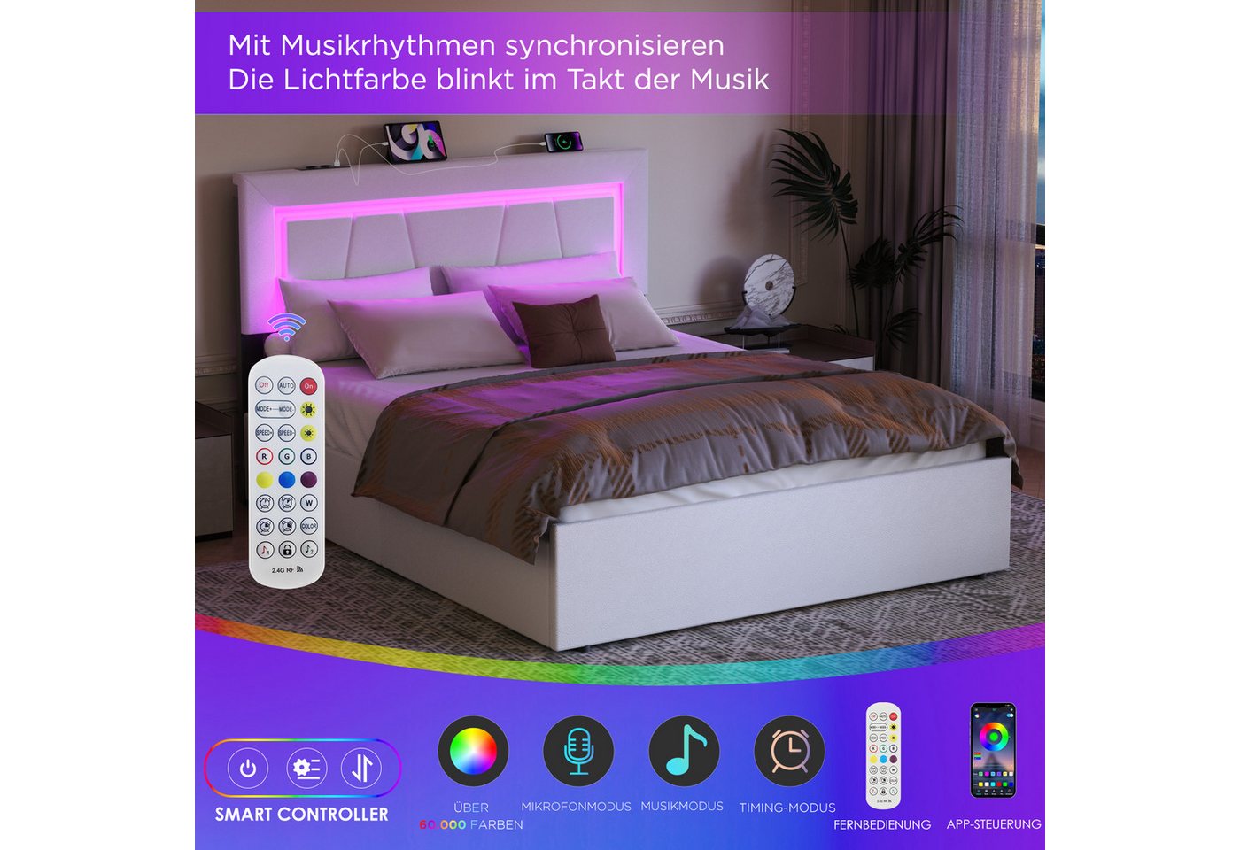 oyajia Polsterbett LED Doppelbett 140x200 cm, mit 4 Schubladen und Lattenrost (Kopfteil mit stauraum und USB-Ladefunktion, Polsterbett mit Metall Bettgestell, P – Bild 4 von 5