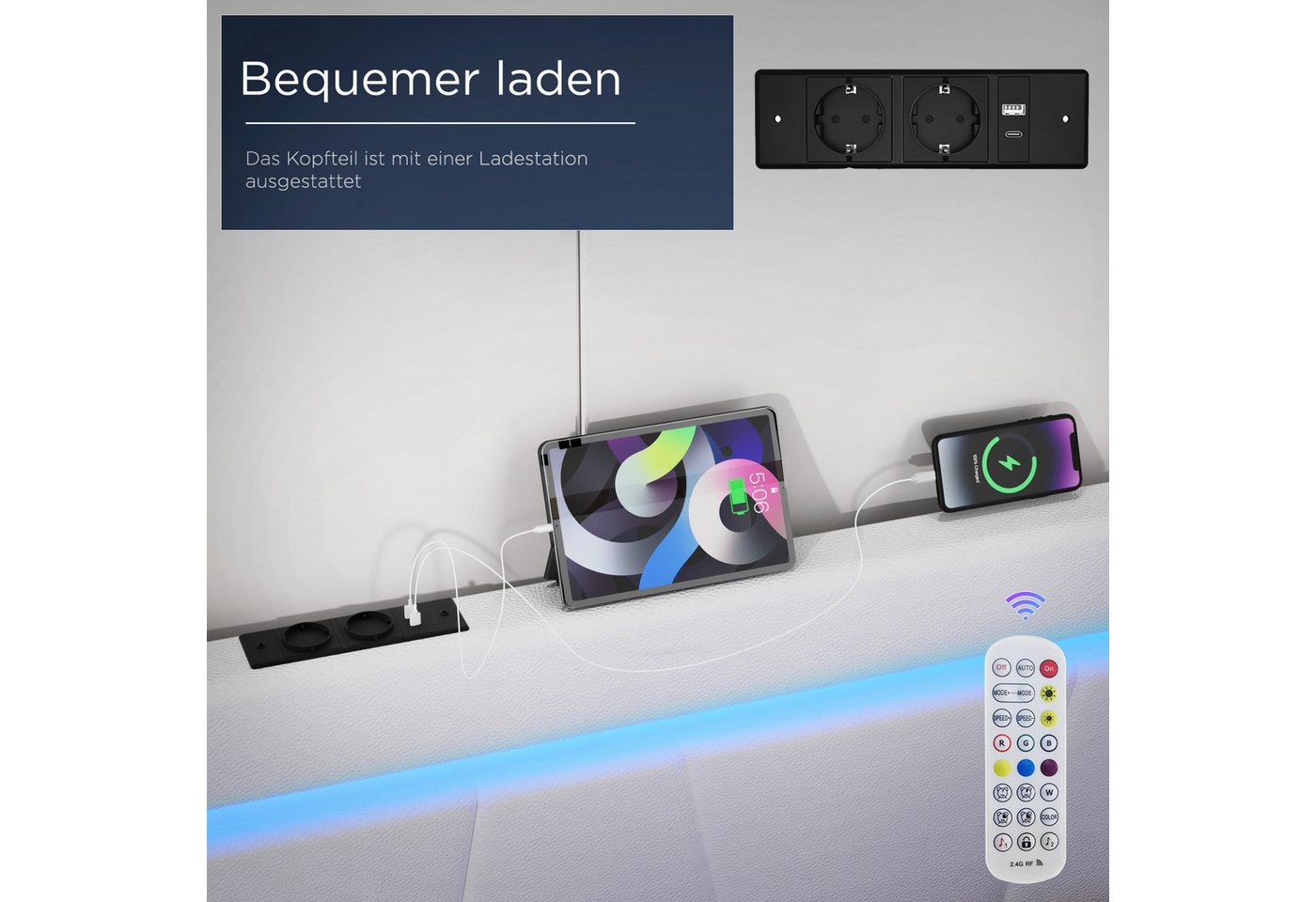 oyajia Polsterbett LED Doppelbett 140x200 cm, mit 4 Schubladen und Lattenrost (Kopfteil mit stauraum und USB-Ladefunktion, Polsterbett mit Metall Bettgestell, P – Bild 5 von 5