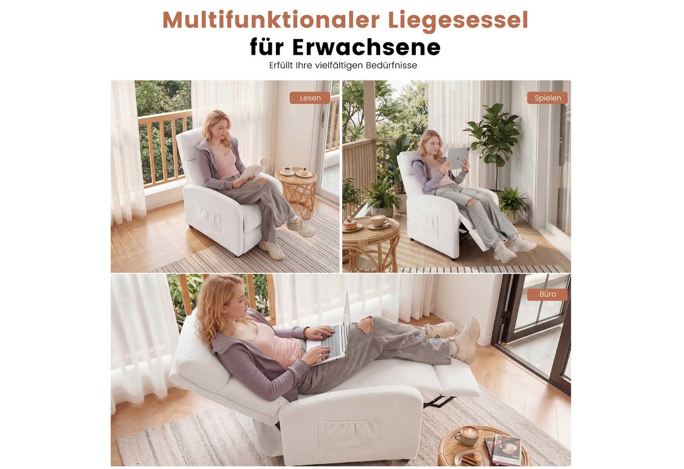 oyajia Relaxsessel Ergonomischer Liegesessel mit Relaxfunktion (verstellbare Rückenlehne & Seitentasche für mehr Funktion, Cordstoff), Fernsehsessel, bis 150 kg – Bild 5 von 5