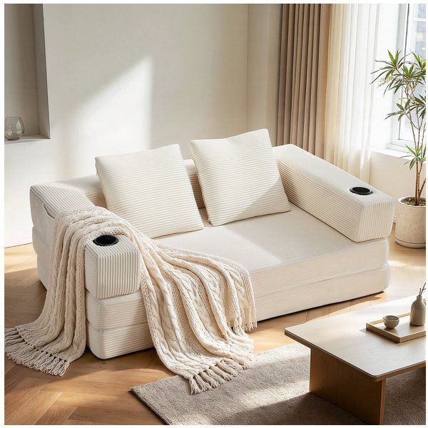 oyajia Schlafsofa Sofa mit Schlaffunktion aus Cord, umwandelbar zum Schlafsofa/-Sessel, Beige, Cordsofa 150 cm breit, 2 Sitzer, kein Aufbau erforderlich, vakuum