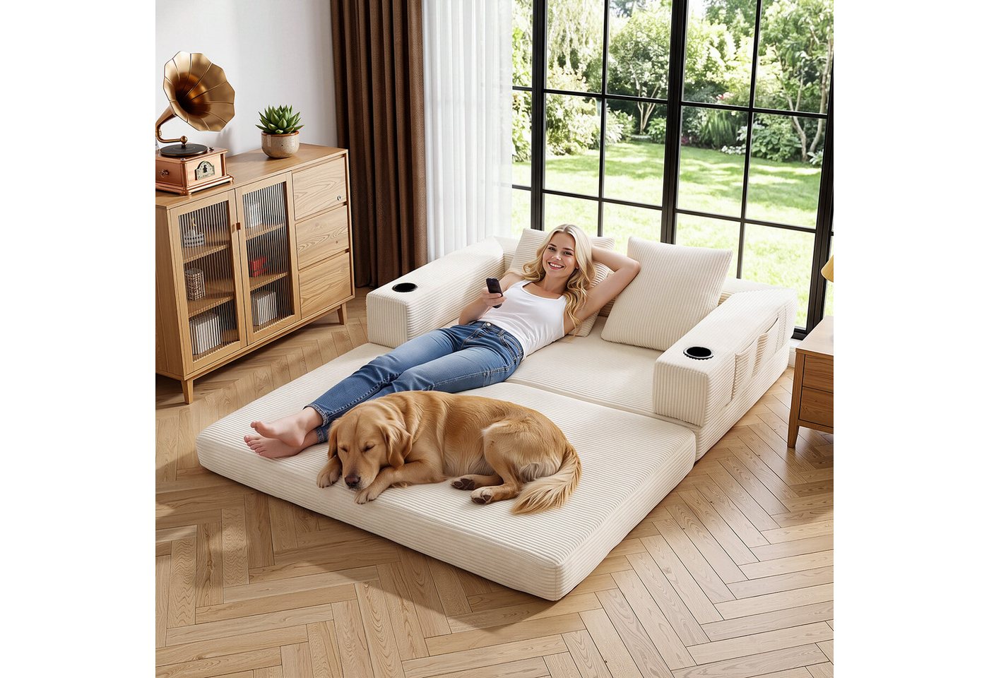oyajia Schlafsofa Sofa mit Schlaffunktion aus Cord, umwandelbar zum Schlafsofa/-Sessel, Beige, Cordsofa 150 cm breit, 2 Sitzer, kein Aufbau erforderlich, vakuum – Bild 2 von 5