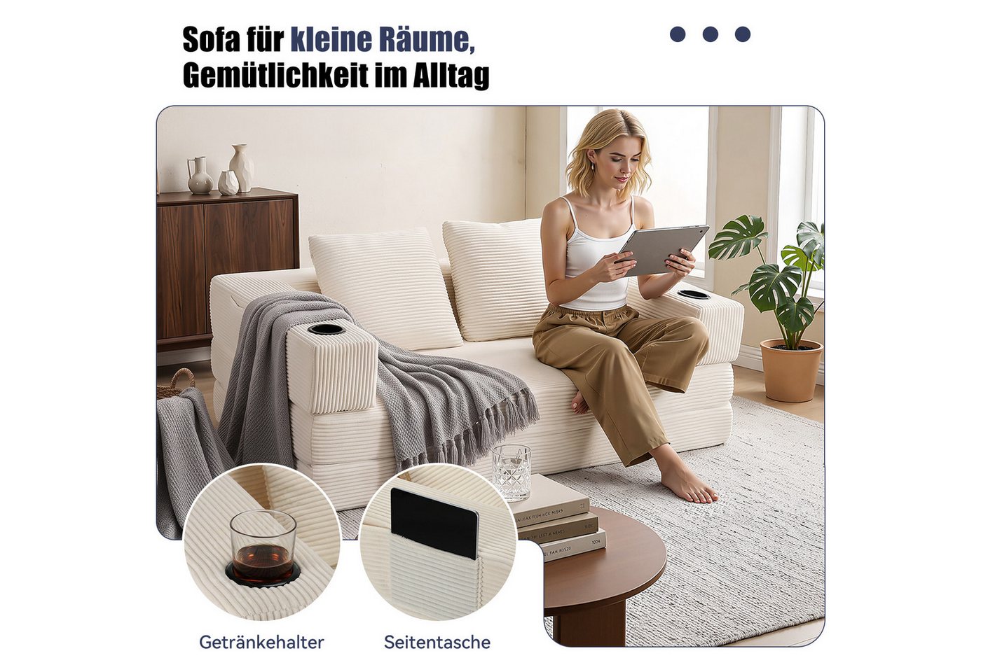 oyajia Schlafsofa Sofa mit Schlaffunktion aus Cord, umwandelbar zum Schlafsofa/-Sessel, Beige, Cordsofa 150 cm breit, 2 Sitzer, kein Aufbau erforderlich, vakuum – Bild 3 von 5