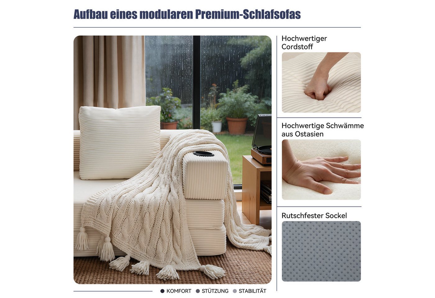 oyajia Schlafsofa Sofa mit Schlaffunktion aus Cord, umwandelbar zum Schlafsofa/-Sessel, Beige, Cordsofa 150 cm breit, 2 Sitzer, kein Aufbau erforderlich, vakuum – Bild 4 von 5