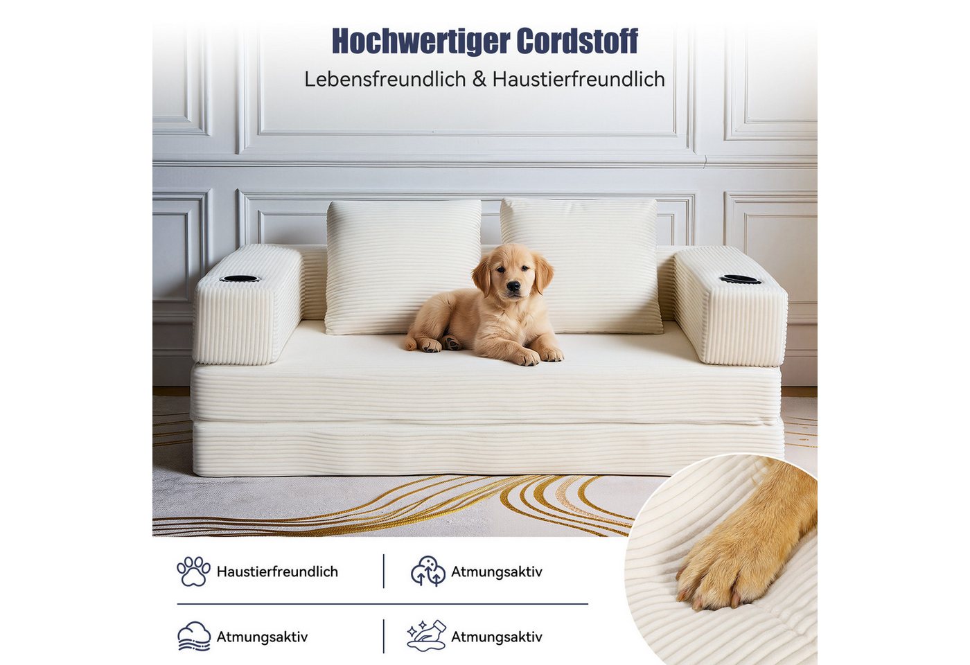 oyajia Schlafsofa Sofa mit Schlaffunktion aus Cord, umwandelbar zum Schlafsofa/-Sessel, Beige, Cordsofa 150 cm breit, 2 Sitzer, kein Aufbau erforderlich, vakuum – Bild 5 von 5