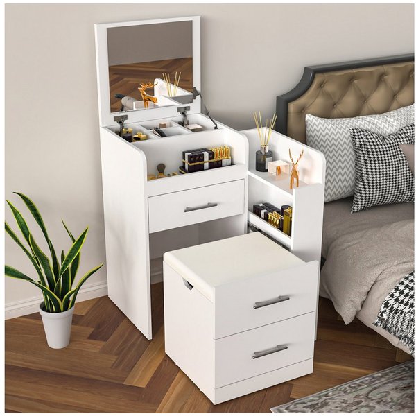 oyajia Schminktisch 3 in 1 Schminktisch mit Hocker, Klapp-Nachttisch, 5 Schubladen, Weiß (Aufklappbarer Spiegel Kosmetiktisch mit Schubladen, Fächern & Hocker),